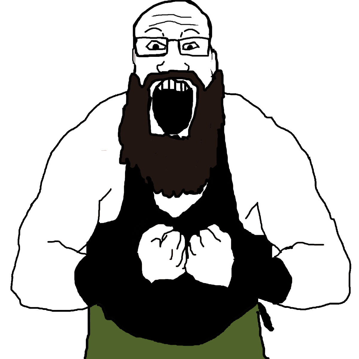 Soybooru Post Arm Beard Buff Clothes Glasses Hand Iron L Open Mouth Shorts Sleeveless